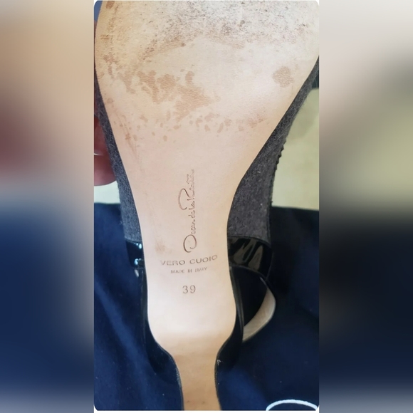 $695 OSCAR DE LA RENTA GRAY FELT BLACK PATENT PLATFORM PUMPS SHOES OPEN TOE 9 - Picture 6 of 8